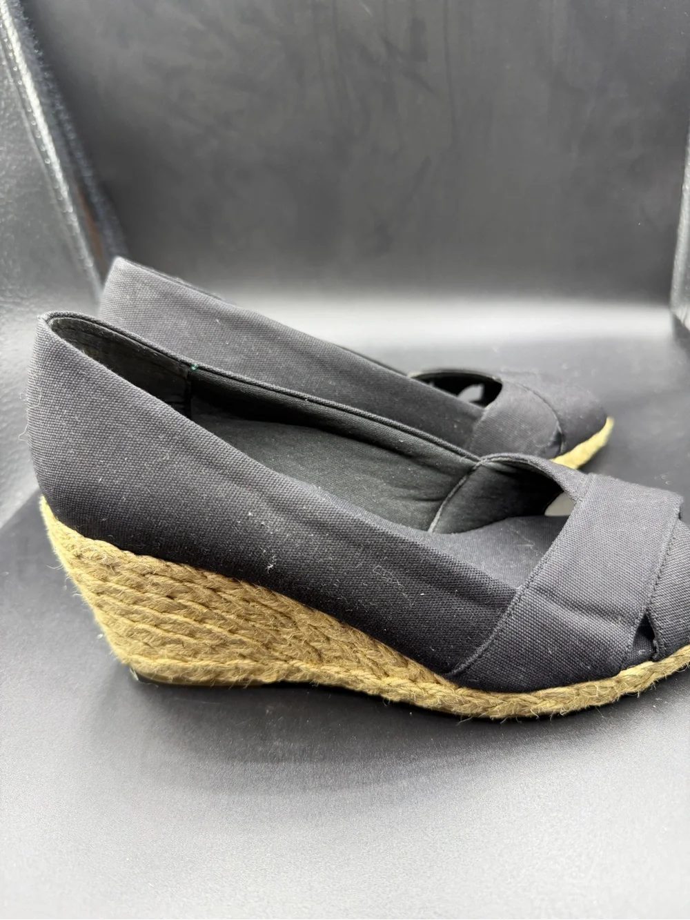 Chaps Black Espadrille Wedge Peep-Toe Pumps - Women